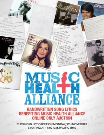 Handwritten Song Lyrics Benefiting Music Health Alliance Online Only Auction