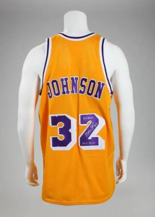 MAGIC JOHNSON SIGNED AND INSCRIBED LAKERS JERSEY