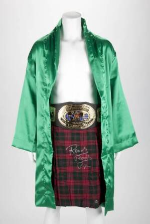 "ROWDY" RODDY PIPER SIGNED ROBE, KILT AND BELT