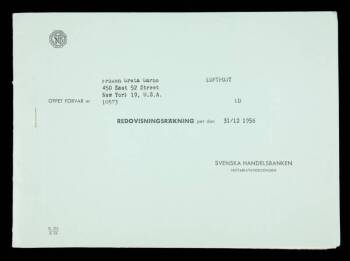 GRETA GARBO SWEDISH BANK STATEMENT FROM 1956