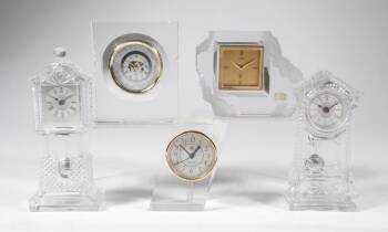 GROUP OF FIVE GLASS CLOCKS