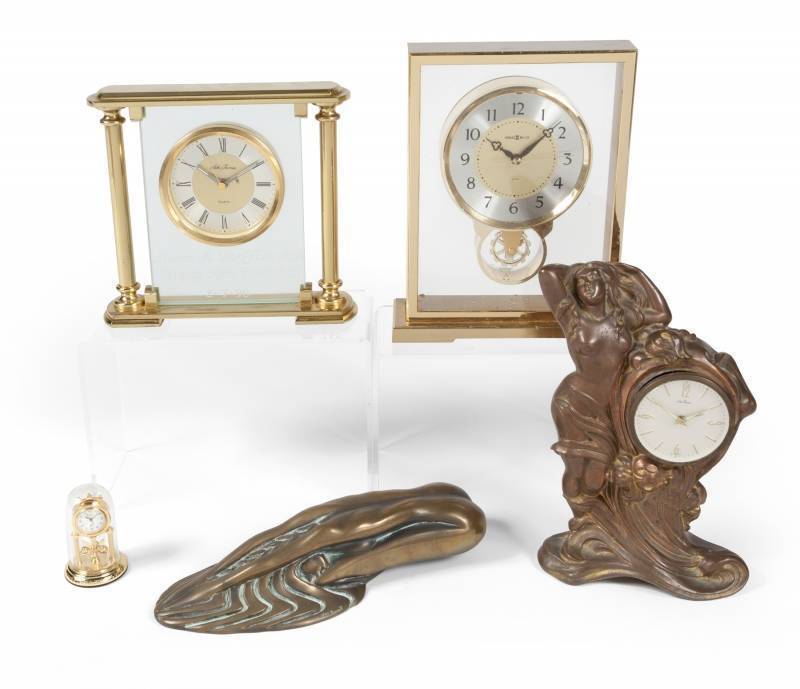 GROUP OF BRONZE CLOCKS AND A SCULPTURE