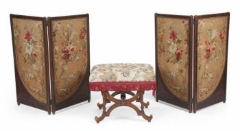 CARVED WALNUT STOOL AND A PAIR OF FRAMED NEEDLEPOINT TEXTILES