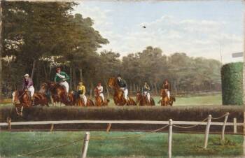 PAINTING OF HORSE RACING SCENE