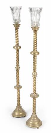 PAIR OF BRASS TORCHIERES WITH CRYSTAL SHADES