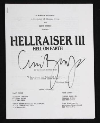 CLIVE BARKER HELLRAISER III AUTOGRAPH