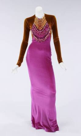 WHITNEY HOUSTON PURPLE AND GOLD VELVET MARC BOUWER GOWN