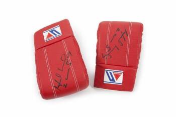 EVANDER HOLYFIELD TRAINING WORN & SIGNED BAG GLOVES