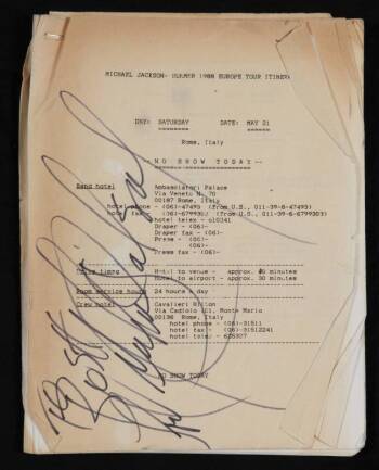 MICHAEL JACKSON SIGNED TOUR ITINERARY