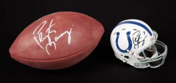 PEYTON MANNING SIGNED SUPER BOWL FOOTBALL AND MINI HELMET