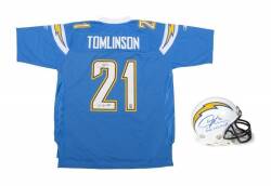 LaDAINIAN TOMLINSON SIGNED 2006 JERSEY AND MINI HELMET