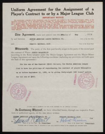 EDDIE COLLINS SIGNED 1933 BOSTON RED SOX CONTRACT