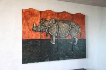 RHINOCEROS DECORATED FOUR-PANEL SCREEN