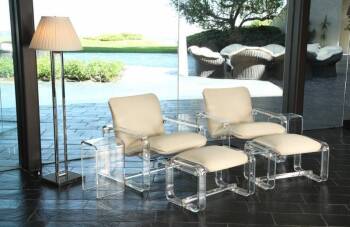 PAIR OF ACRYLIC ARMCHAIRS AND OTTOMANS