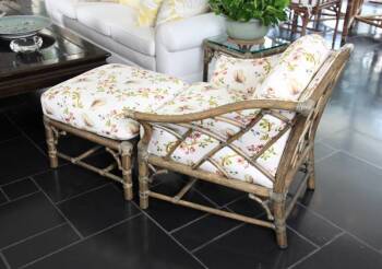 SUITE OF McGUIRE "CLOVER" RATTAN LOUNGE CHAIRS