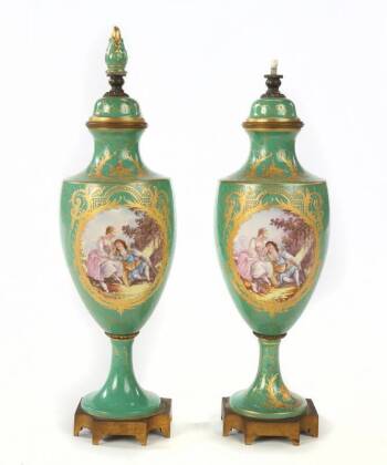 STAN LAUREL PAIR OF FRENCH CHAMPLEVE ENAMEL URNS