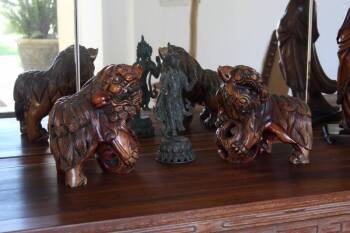 LARRY HAGMAN WOOD FOO DOGS AND METAL SHIVA