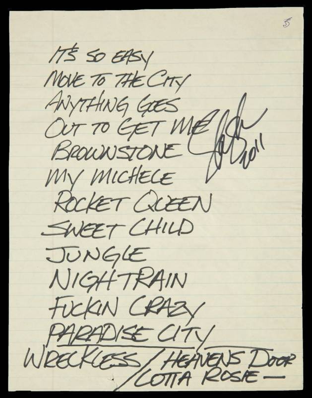 SLASH SIGNED HANDWRITTEN GUNS N' ROSES SET LIST