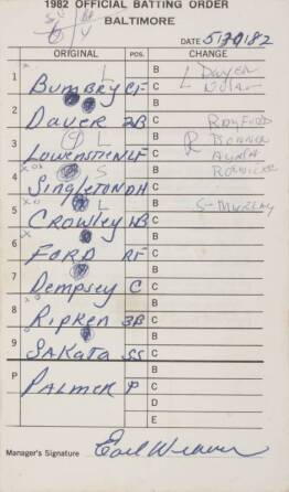 1982 BALTIMORE ORIOLES LINE-UP CARD FROM GAME #1 OF CAL RIPKEN JR.'S 2,632 CONSECUTIVE GAMES PLAYED STREAK