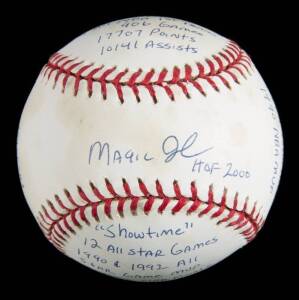 MAGIC JOHNSON SIGNED AND MULTI-INSCRIBED LIMITED EDITION STAT BALL BASEBALL