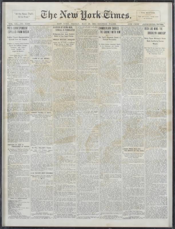 FRONT PAGE OF THE NEW YORK TIMES FROM THE DAY OF HOPE'S BIRTH