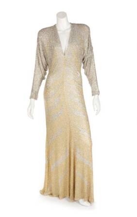 TRAVILLA GOLD AND SILVER BEADED GOWN