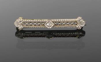 GRETA GARBO ART DECO DIAMOND BAR BROOCH DESIGNED IN WHITE GOLD-TOPPED 14K YELLOW GOLD