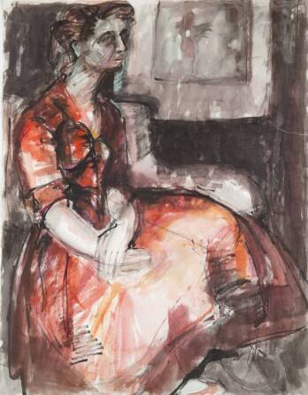 GRETA GARBO SEATED WOMAN IN A RED DRESS WATERCOLOR