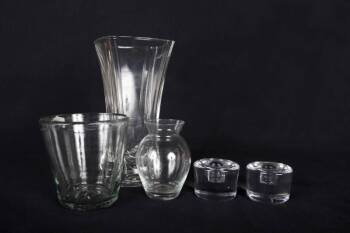 GRETA GARBO GROUP OF GLASS VASES AND CANDLE HOLDER