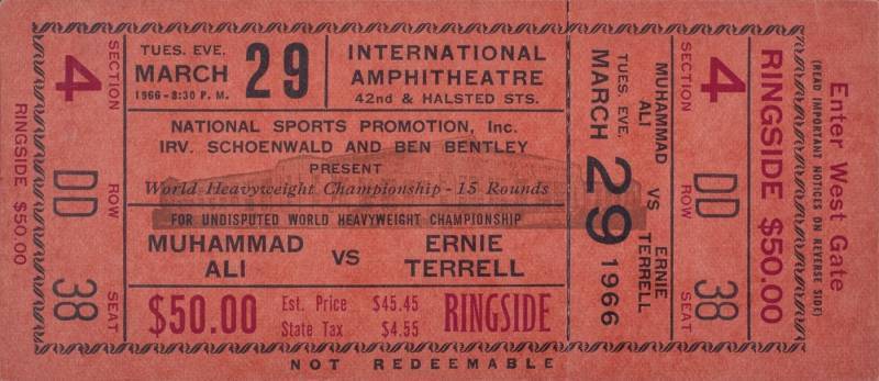 MUHAMMAD ALI VS. ERNIE TERRELL 1966 ORIGINAL POSTPONED FIGHT TICKET