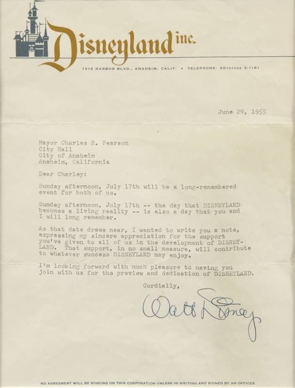 WALT DISNEY 1955 LETTER TO THE MAYOR OF ANAHEIM