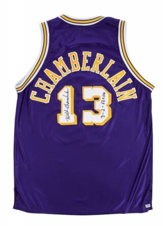 WILT CHAMBERLAIN SIGNED AND 100 POINT GAME INSCRIBED LOS ANGELES LAKERS JERSEY