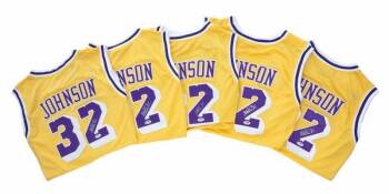 MAGIC JOHNSON SIGNED LOS ANGELES LAKERS JERSEY GROUP OF FIVE