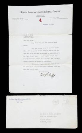 HUGH DUFFY 1943 TYPED AND SIGNED LETTER REPRESENTING THE BOSTON AMERICAN LEAGUE BASEBALL COMPANY
