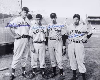 JOE DiMAGGIO, TED WILLIAMS, DOM DiMAGGIO AND TOMMY HENRICH SIGNED LARGE PHOTOGRAPH