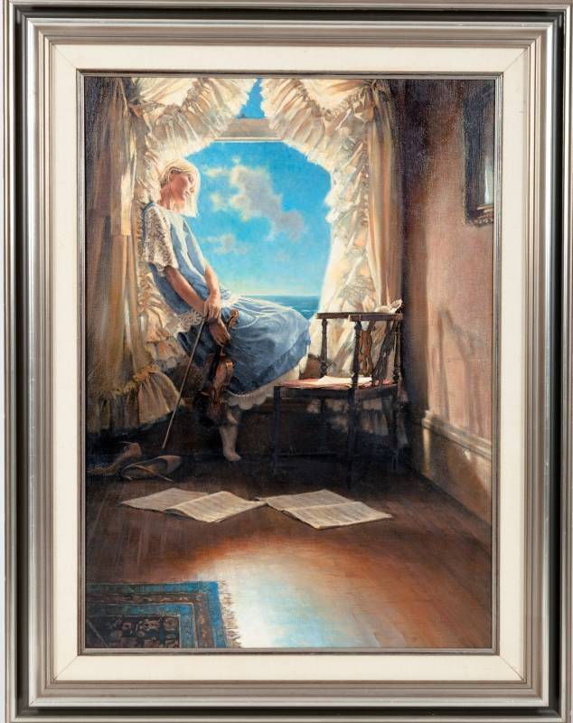 GIRL WITH VIOLIN PAINTING SIGNED WOLFE