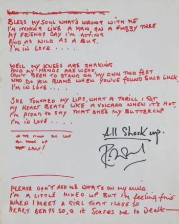 RONNIE WOOD HANDWRITTEN "ALL SHOOK UP" ELVIS LYRICS