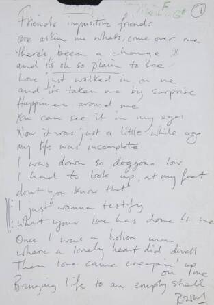 RONNIE WOOD HANDWRITTEN "TESTIFY" LYRICS