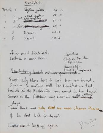 RONNIE WOOD HANDWRITTEN TRACK NOTES AND "SWEET LADY MARY" LYRICS