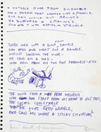 RONNIE WOOD HANDWRITTEN AND ILLUSTRATED LIMERICKS