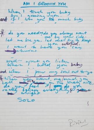 RONNIE WOOD HANDWRITTEN "AM I GROOVIN YOU" LYRICS