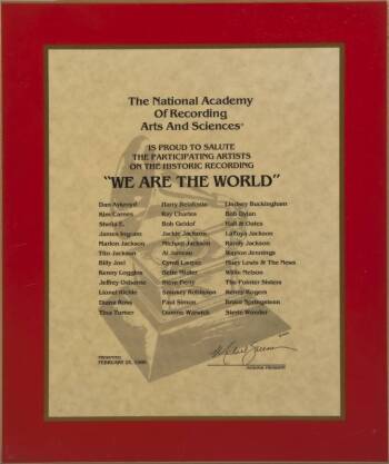 JACKSONS "WE ARE THE WORLD" PLAQUE