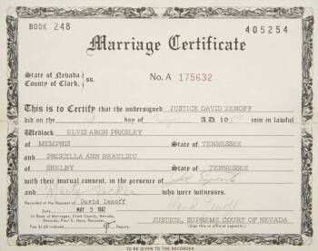 1967 ELVIS AND PRISCILLA PRESLEY’S MARRIAGE CERTIFICATE •