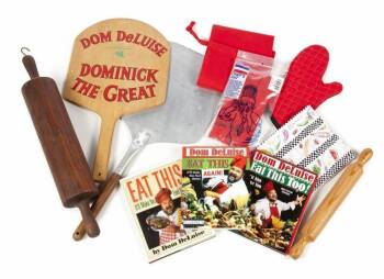 DOM DeLUISE COOKBOOKS AND KITCHEN ITEMS