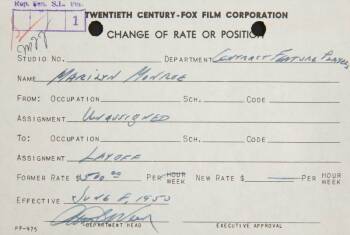 MARILYN MONROE 1950 EMPLOYMENT RECORD CARD