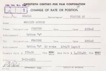 MARILYN MONROE CHANGE OF RATE CARD FROM 20TH CENTURY FOX