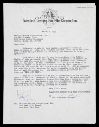 MARILYN MONROE LETTER FROM 20TH CENTURY FOX