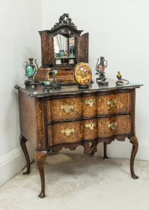 LUISE RAINER 18TH CENTURY DUTCH WALNUT AND MARQUETRY COMMODE