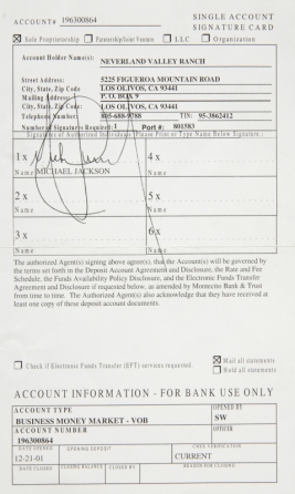 MICHAEL JACKSON ACCOUNT SIGNATURE CARD