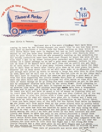 ELVIS PRESLEY 1958 LETTER FROM COL. PARKER